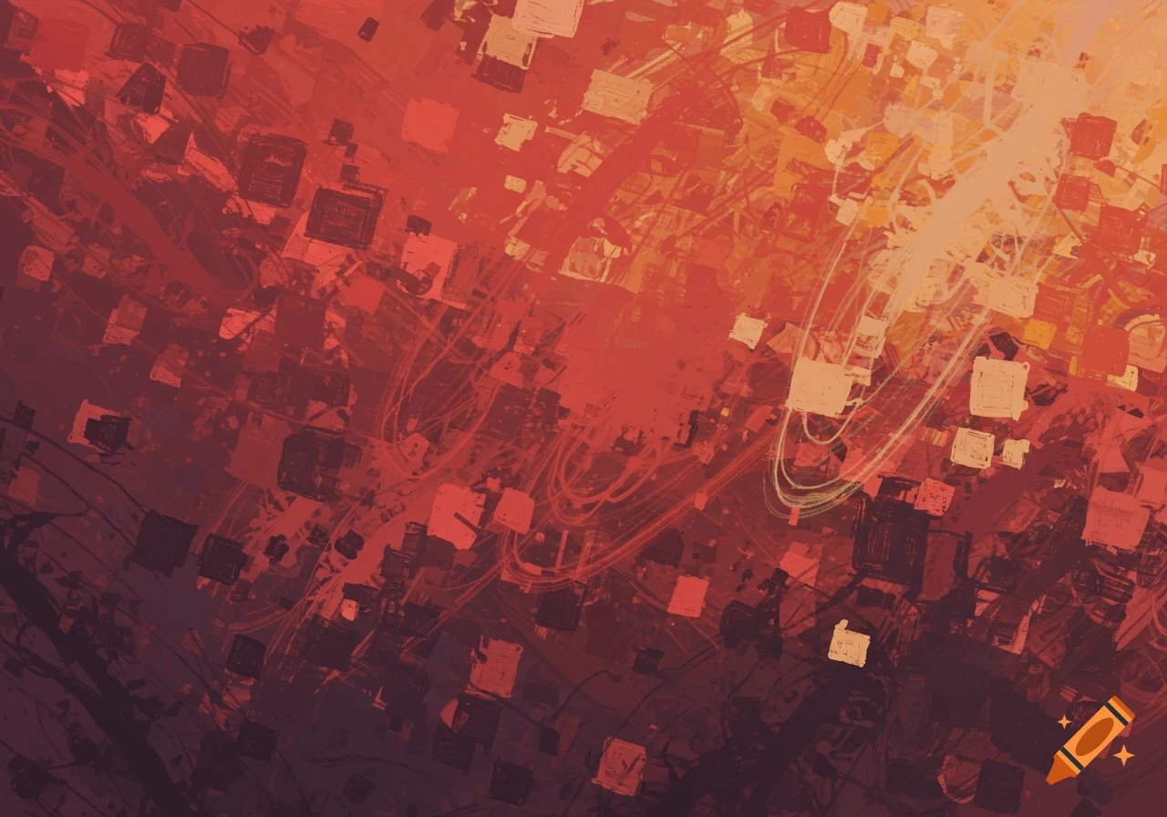 Abstract art background with red, orange, and dark tones and layered square and swirling shapes.