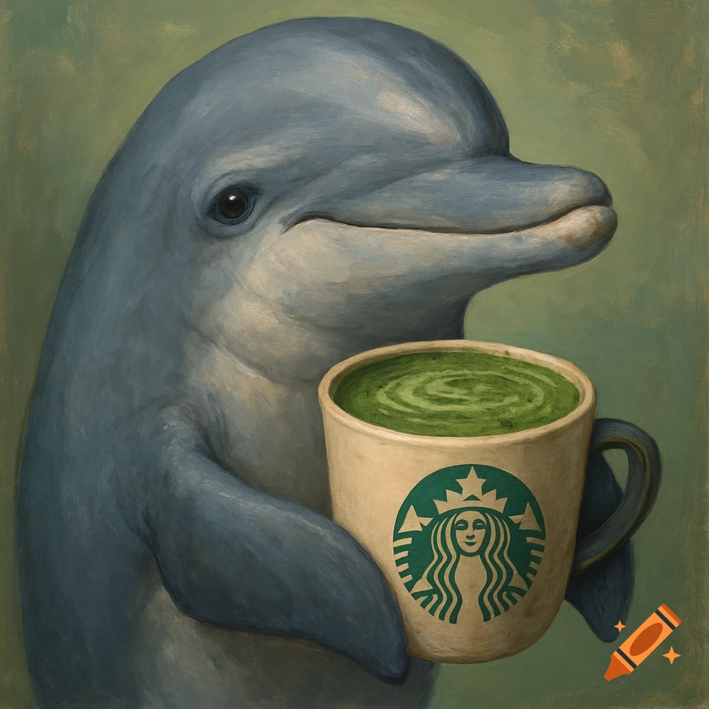 A painted image of a dolphin holding a Starbucks mug filled with green matcha.