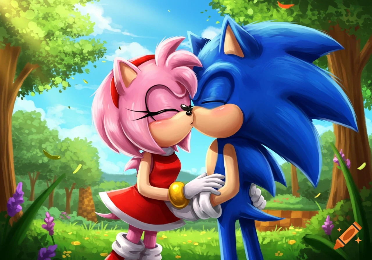 Sonic and Amy Rose kissing in a sunny forest clearing.
