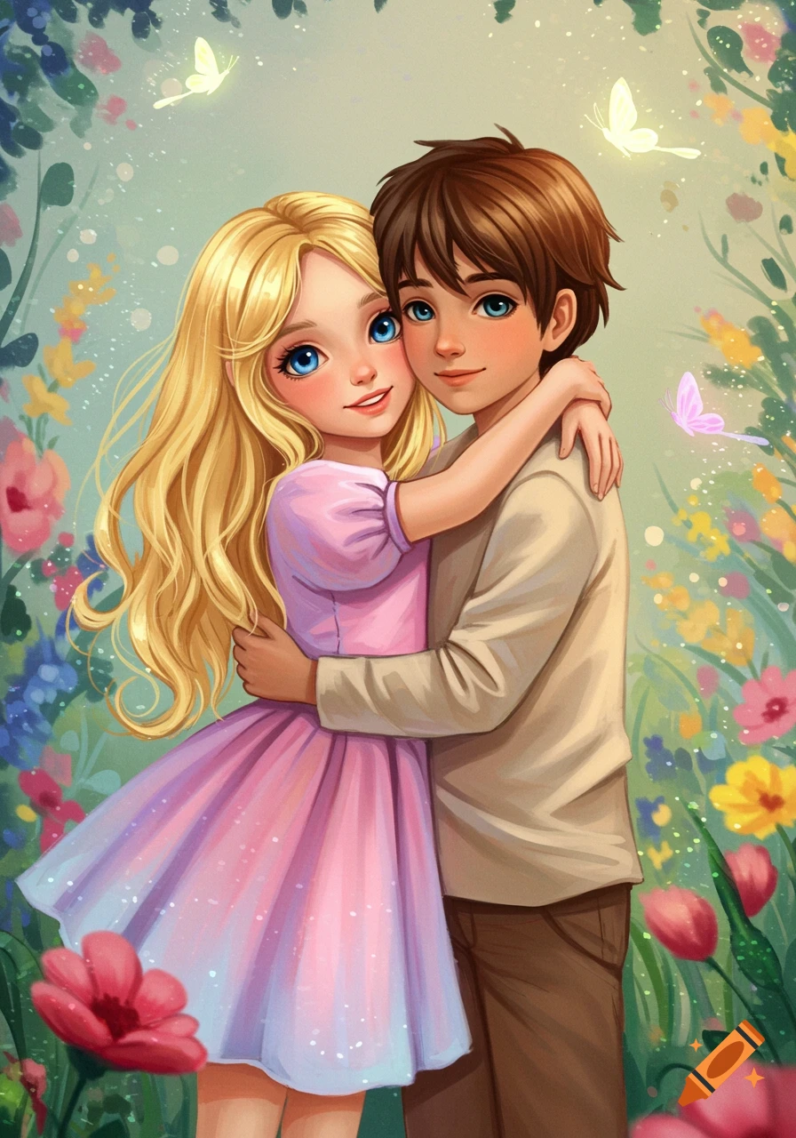 Illustration of a blonde girl hugging a brunette boy in a magical garden with flowers and butterflies.
