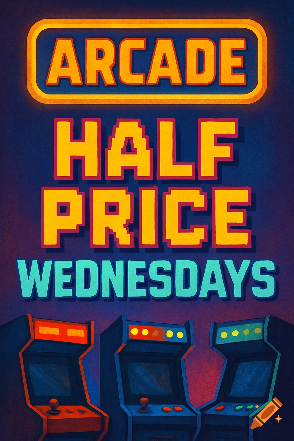 Arcade style advertisement for Half Price Wednesdays with arcade machines.