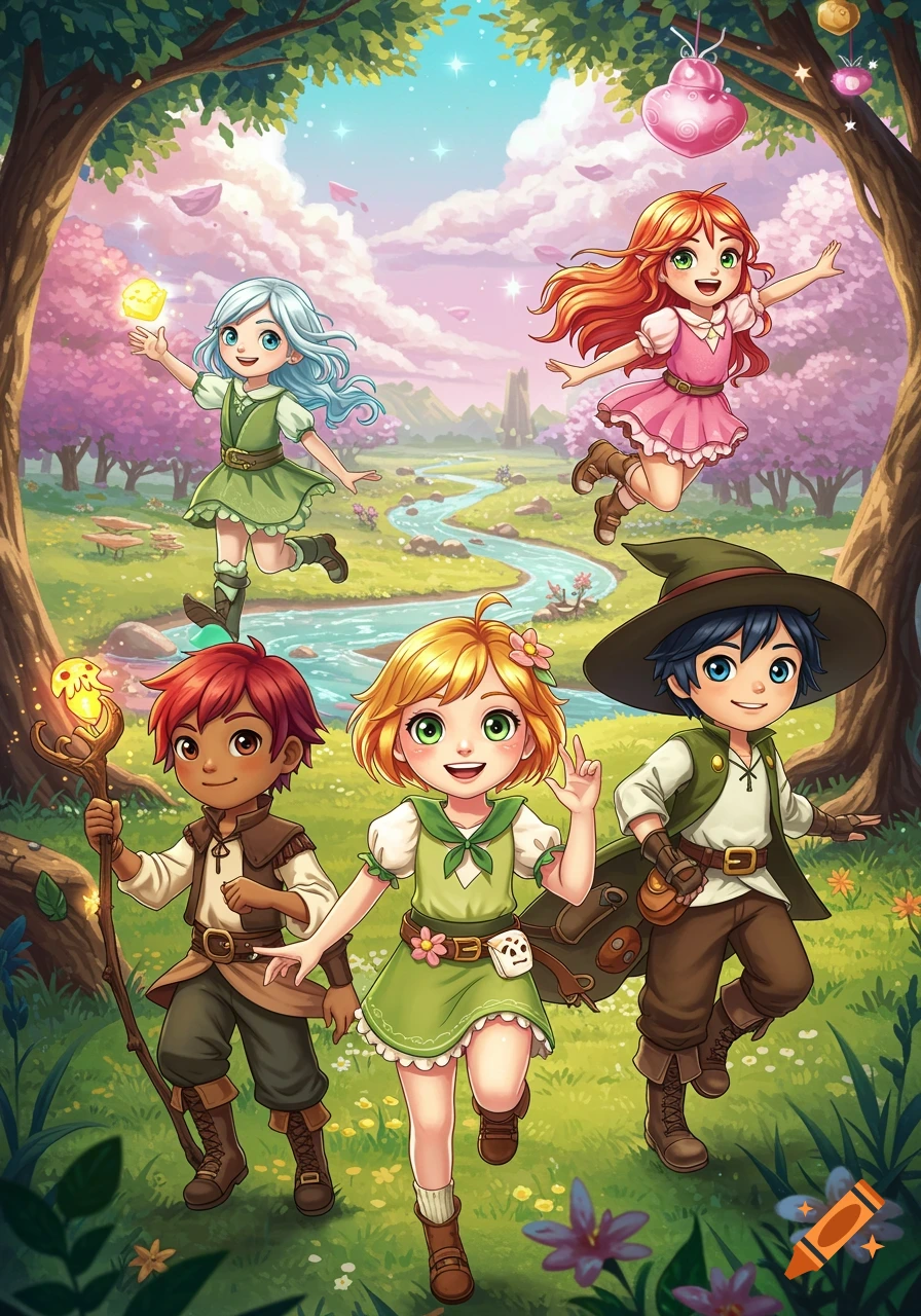 Five diverse young fantasy characters run through a magical forest, cartoon style.