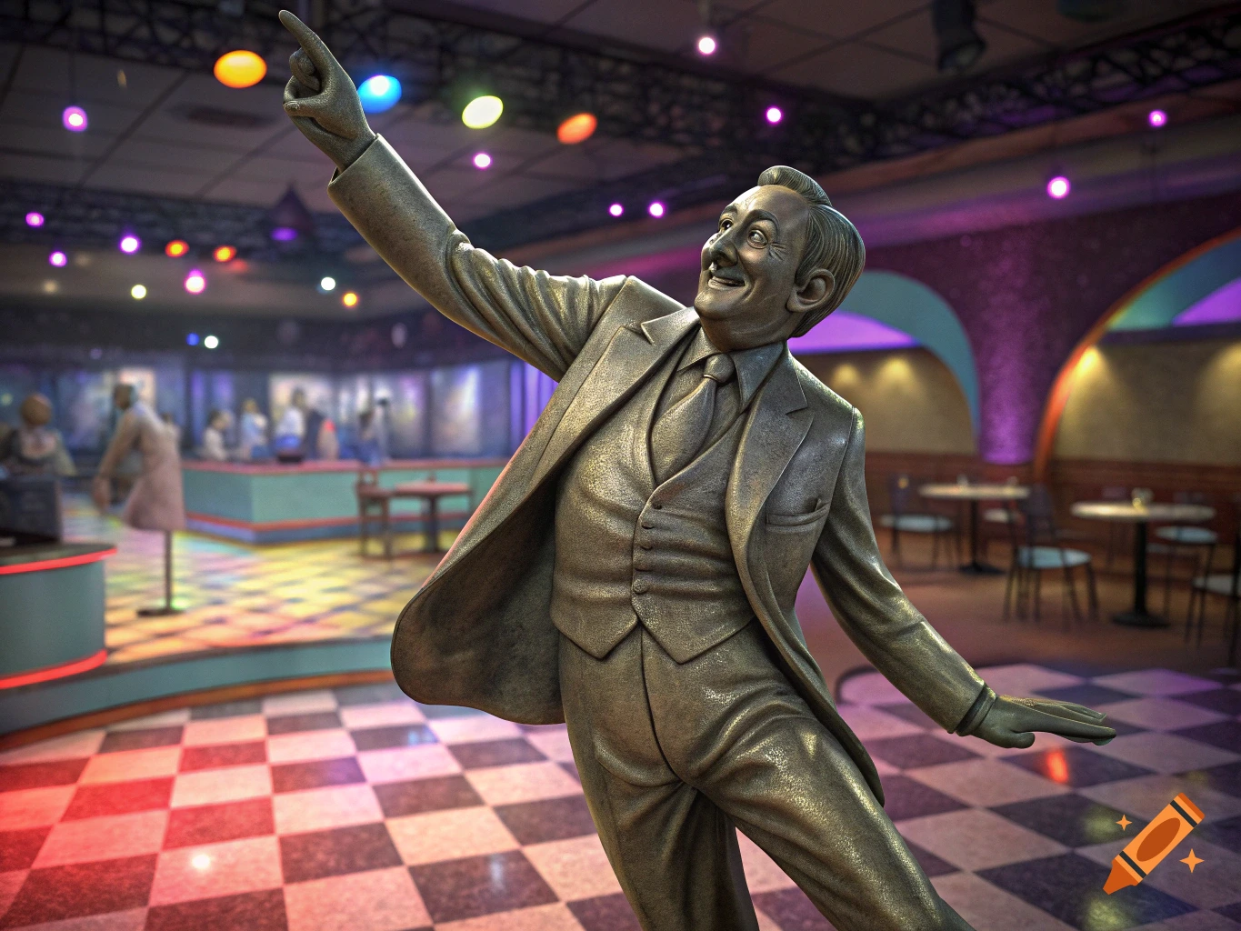 Bronze statue of a man in a suit dancing in a disco