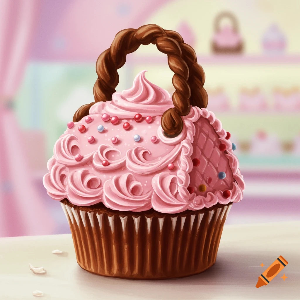 A cupcake decorated like a pink handbag with a twisted brown handle sits on a counter in a bakery.