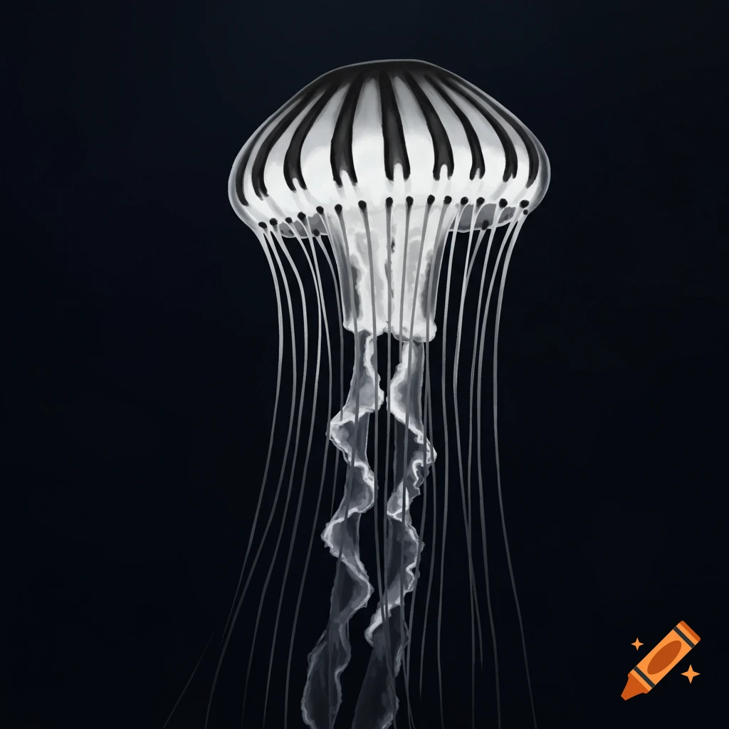 Black and white illustration of a jellyfish resembling piano keys.