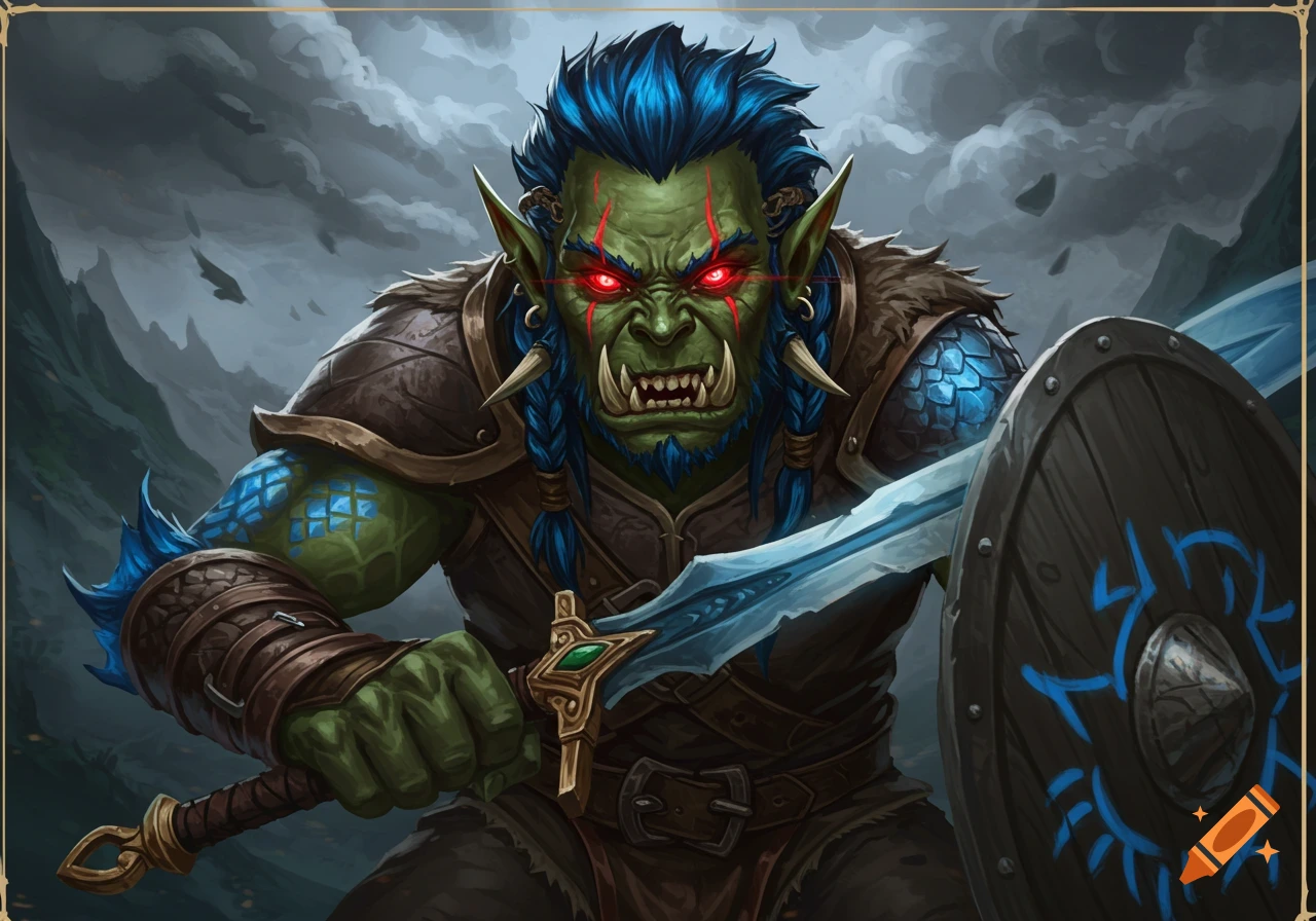 Portrait of a fantasy half-orc, half-dragonborn character with blue hair, red eyes, holding a sword and shield.