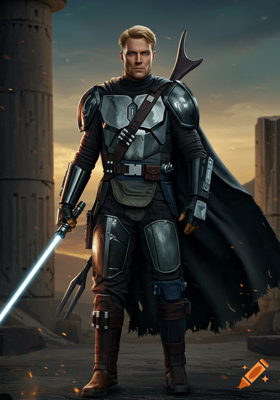 A man in futuristic armor with a cape holds a lightsaber in ancient ruins. Sci-fi fantasy style.