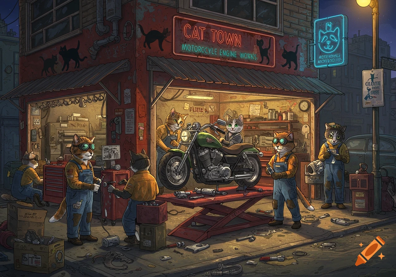 Illustration of anthropomorphic cats working on a motorcycle inside and outside a garage at night.