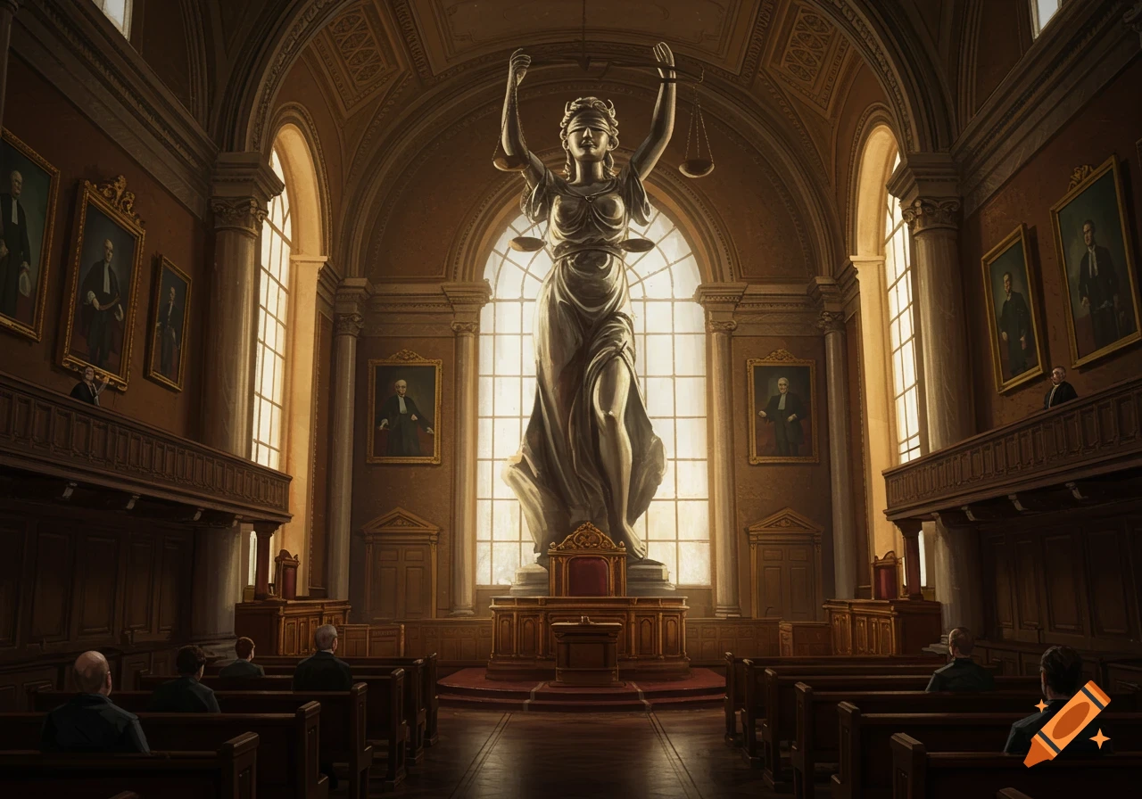 A courtroom with a large statue of Lady Justice in the center.