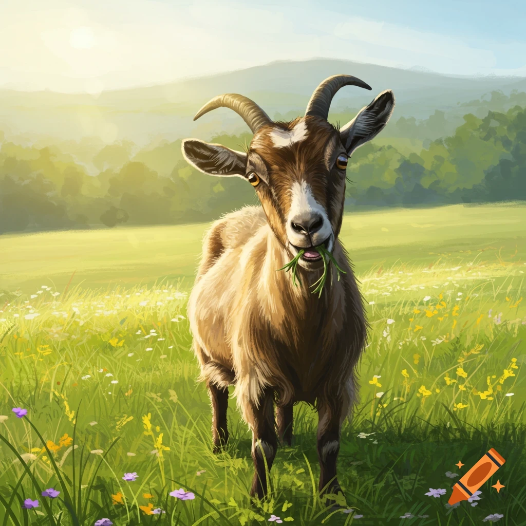 An illustrated goat eats grass in a sunny field with wildflowers and hills in the background.