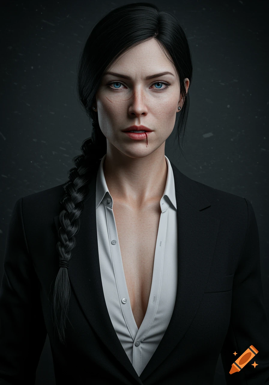 Photorealistic portrait of a woman in a suit with a braid, scars, and fake blood on her lip, in a moody cinematic style.