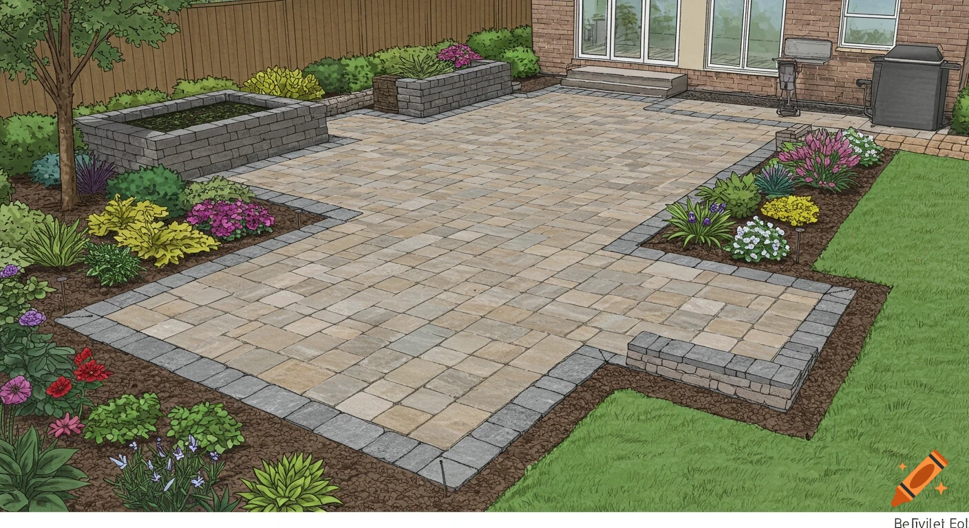 Illustrated landscape design of a patio, garden beds, and small pool