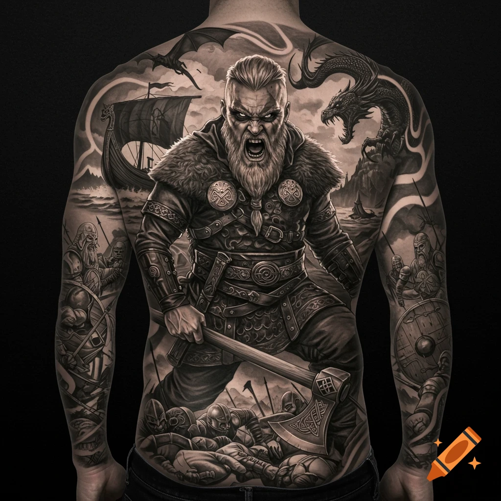 Detailed black and grey Viking warrior back tattoo with ship and dragon