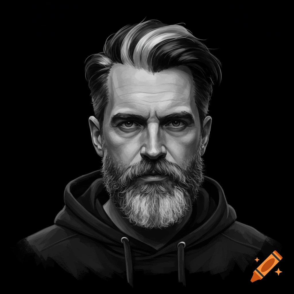 Black and white digital portrait of a man with a beard and styled hair wearing a hoodie.