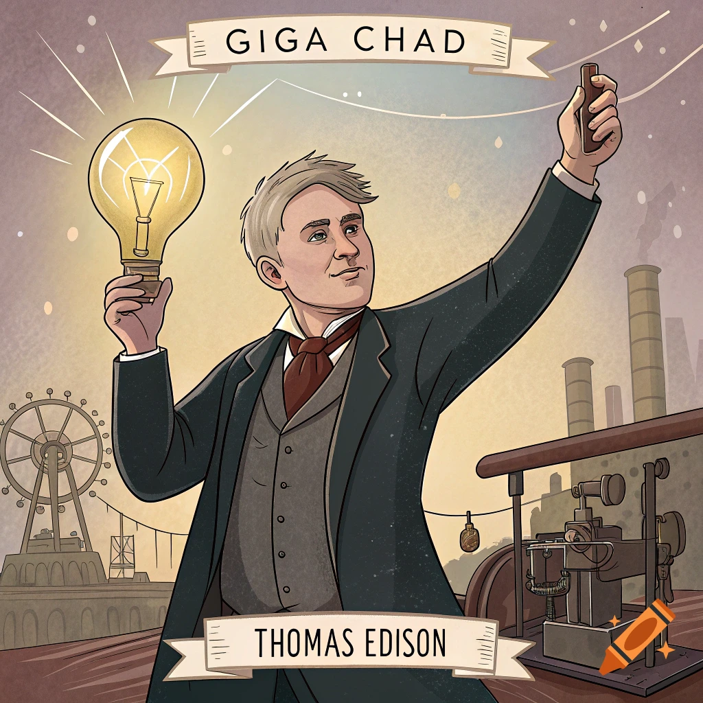 Illustration of Thomas Edison depicted as Giga Chad, holding a lightbulb and a device, with banners showing 'GIGA CHAD' and 'THOMAS EDISON'.