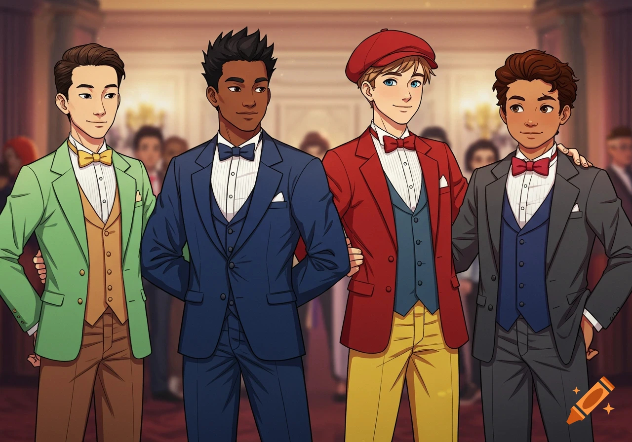 Four anime-style teenage boys in colorful tuxedos stand together at a formal event.