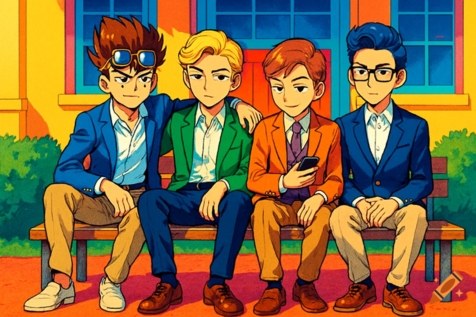 Four stylishly dressed teenage boys sit on a bench outside a building in an anime style.