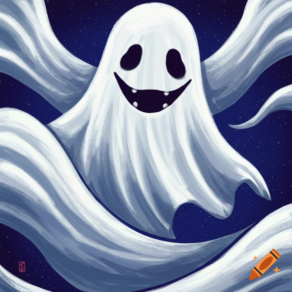 Smiling white ghost with flowing fabric in a starry sky illustration.