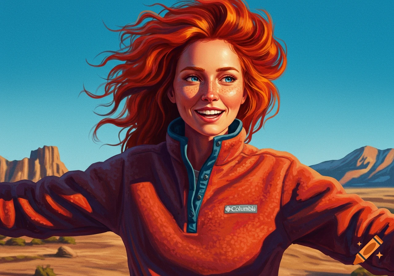 Red-haired woman with arms spread, smiling in a desert landscape, wearing an orange fleece jacket with Columbia logo.