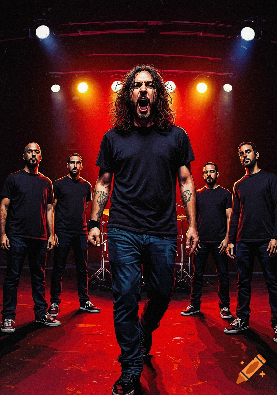 A rock band performs on stage under red lights