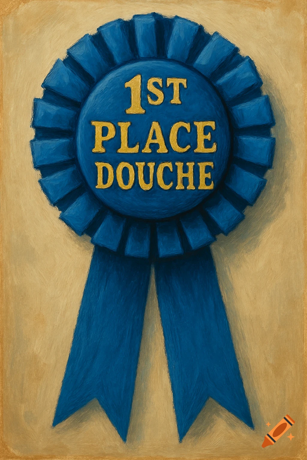Blue award ribbon with gold text '1st Place Douche'.