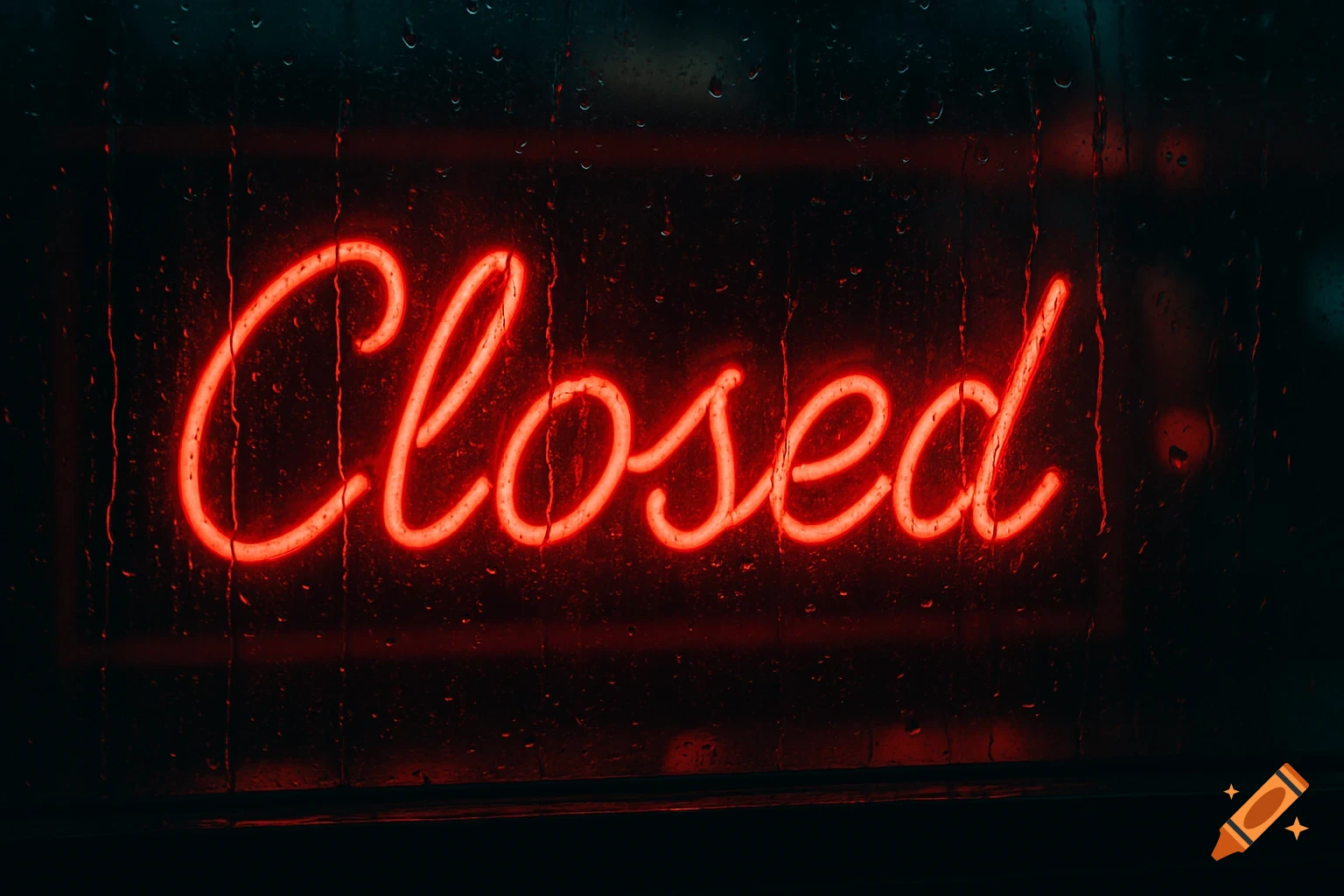 A red neon sign reading "Closed" viewed through a rain-streaked window at night.