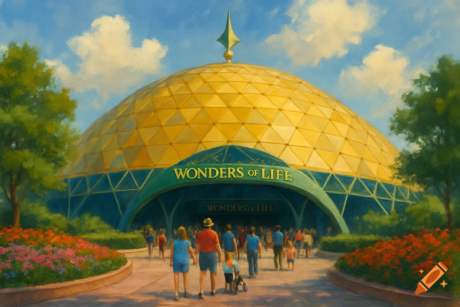 A painting of the yellow geodesic dome of the Wonders of Life pavilion with people walking toward the entrance
