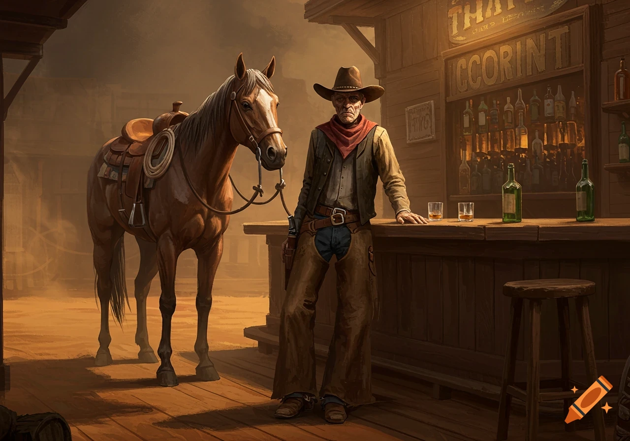 An old cowboy and his horse stand at a bar in a dusty Western town.