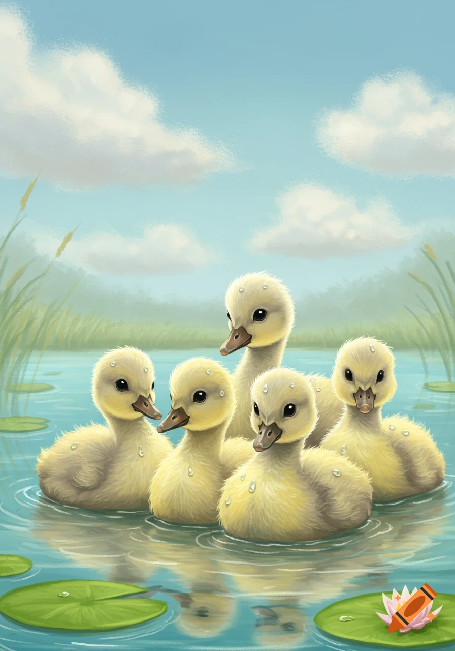 Illustration of five yellow ducklings floating on water with lily pads