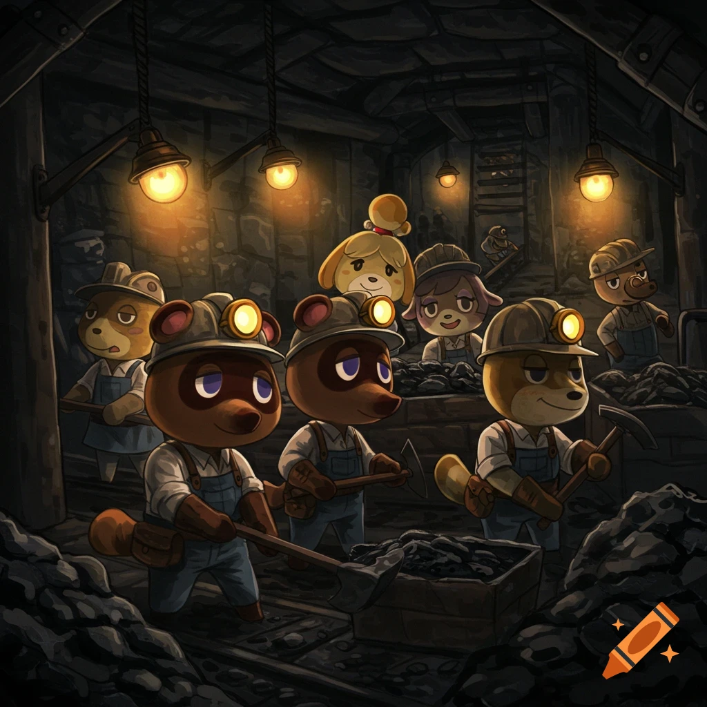 Animal Crossing characters, including Tom Nook and Isabelle, wearing hard hats and overalls while mining coal in a dark tunnel.
