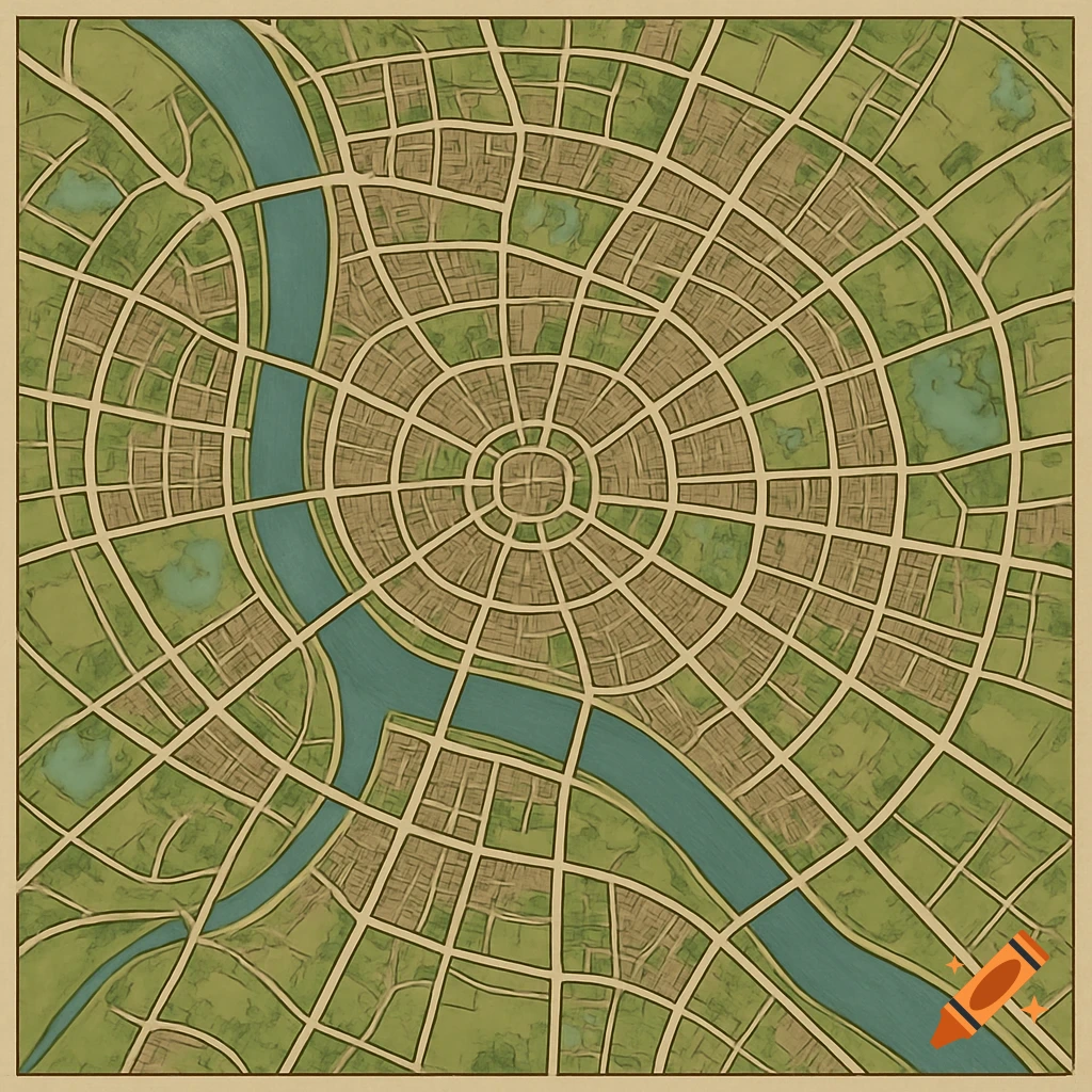 A stylized map of a circular city with a river from a bird's eye view.