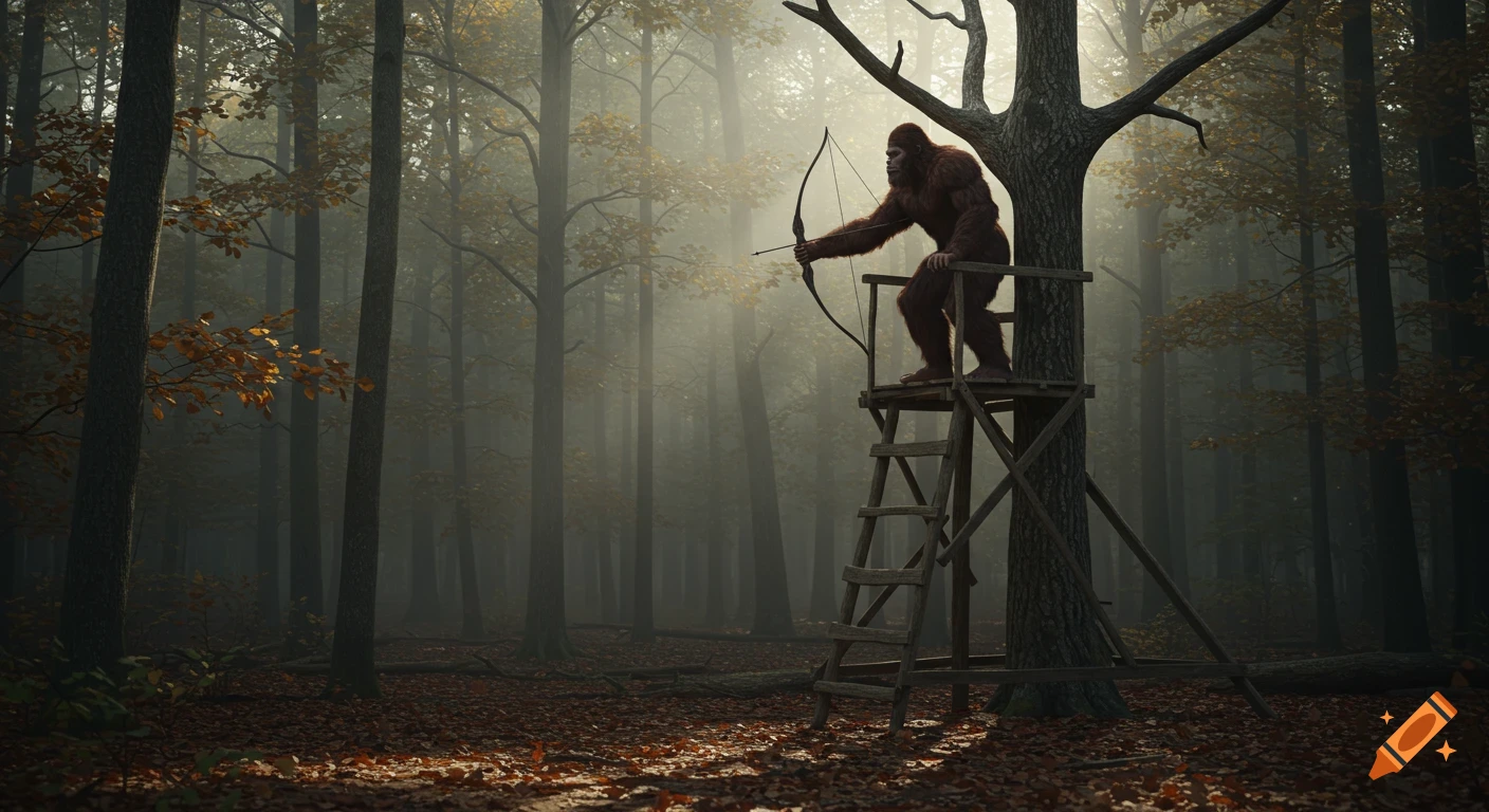 Bigfoot with a bow in a treestand in a foggy forest at sunrise.