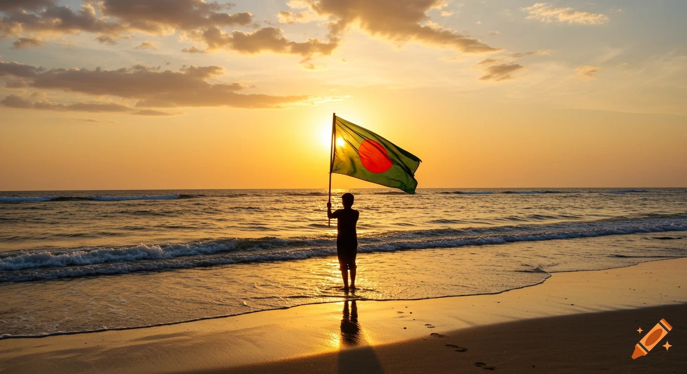 Silhouette of person holding Bangladesh flag on beach at sunset