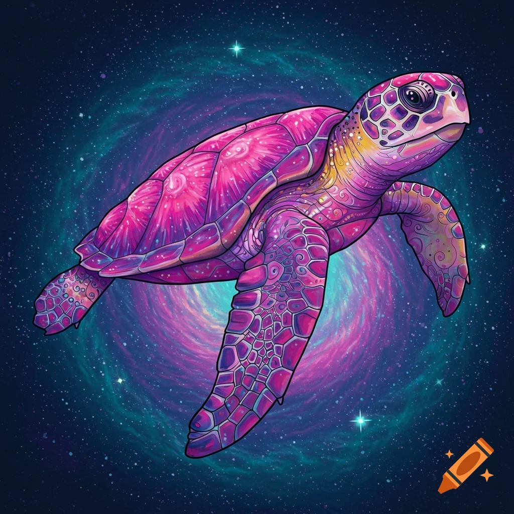 A psychedelic sea turtle swims through a colorful space nebula.