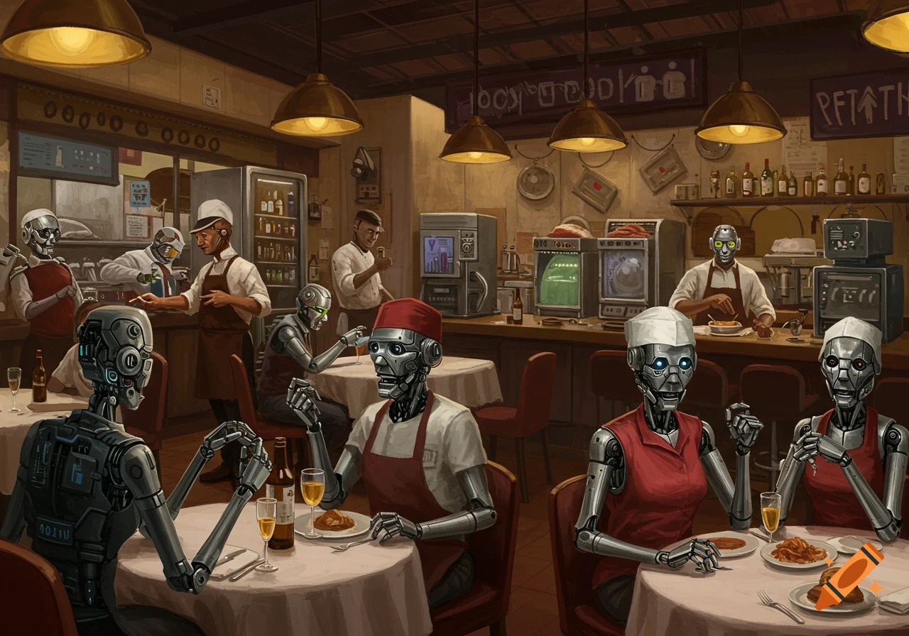 A busy restaurant scene with human and robot diners and staff. Robots ...