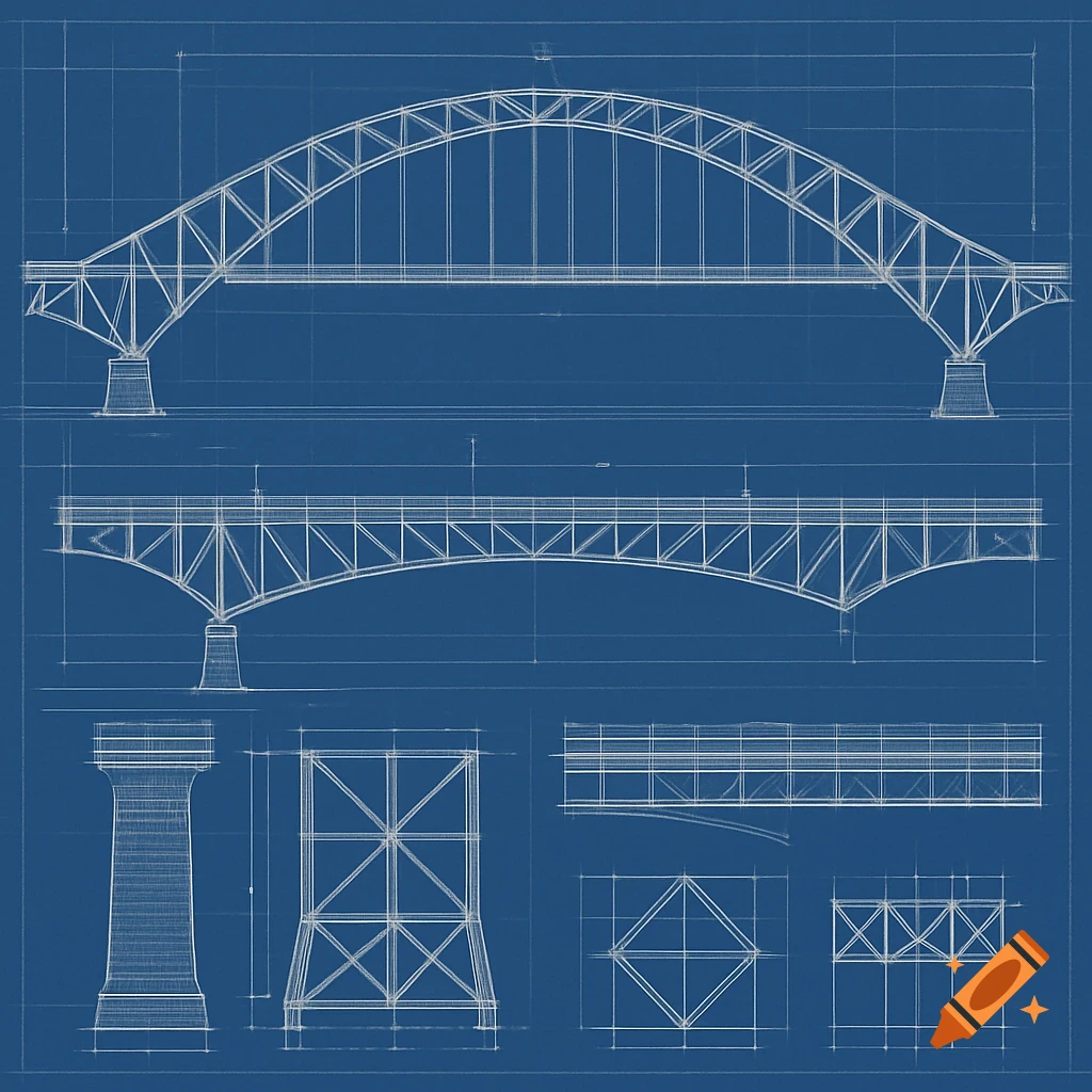 Blueprints of bridges and structural details on a blue background.