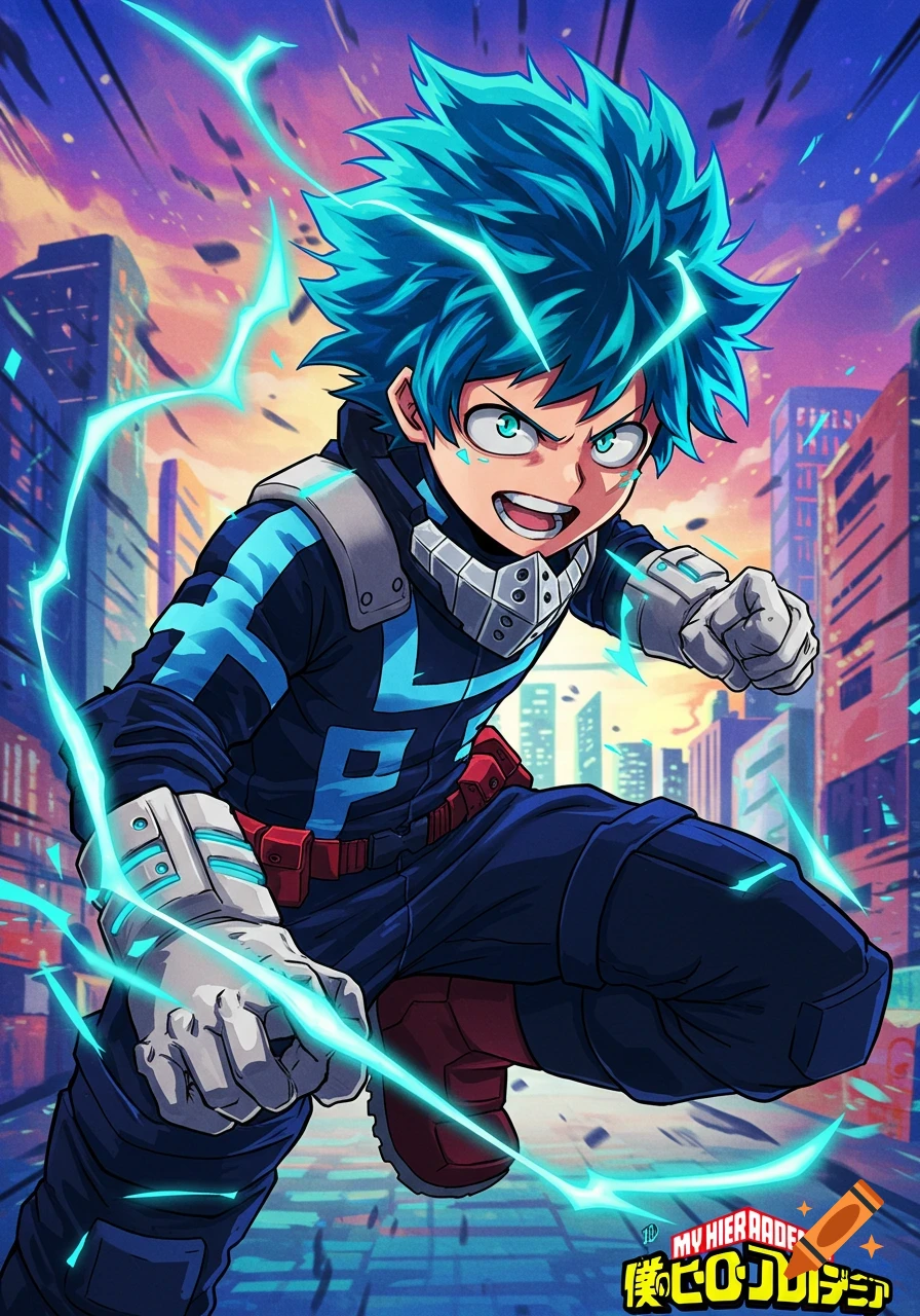 An anime illustration of a character resembling Deku from My Hero Academia in an action pose with blue lightning in a city.