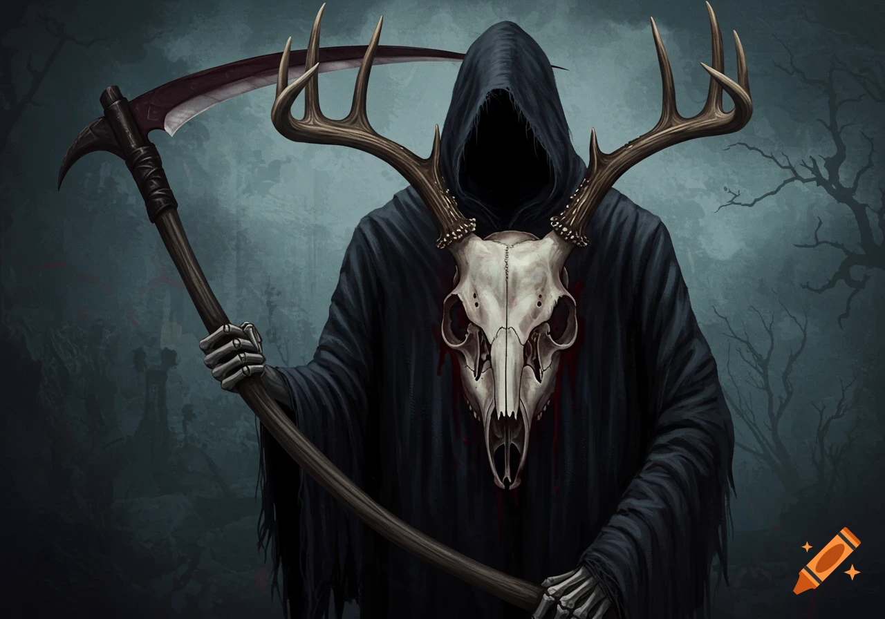 A robed figure, the Grim Reaper, stands in a dark forest wearing a deer skull and holding a scythe.