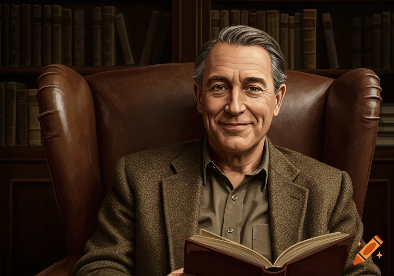 Portrait of a man sitting in a leather chair, holding a book, with bookshelves behind him.