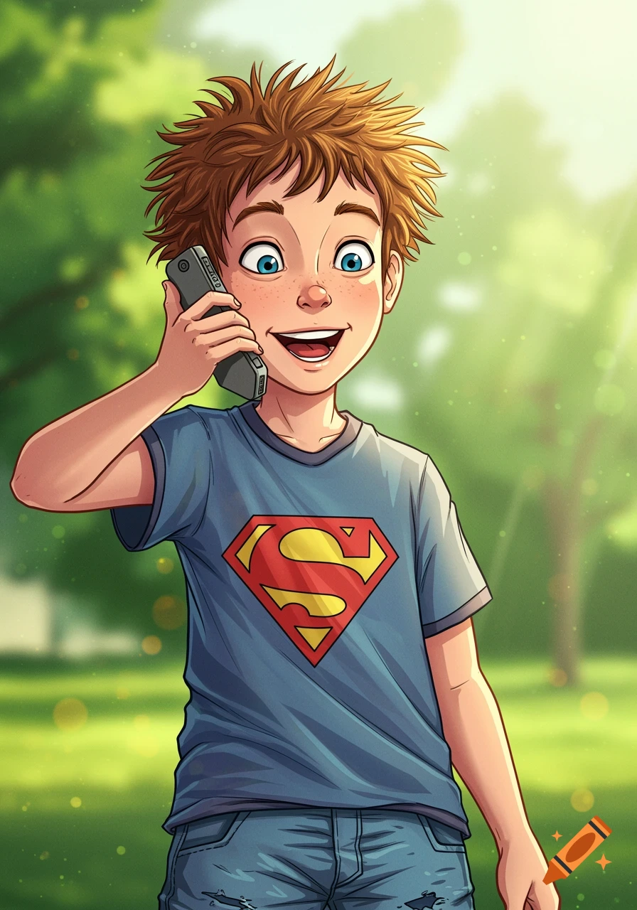 Cartoon illustration of a smiling boy in a Superman t-shirt holding a phone outdoors.