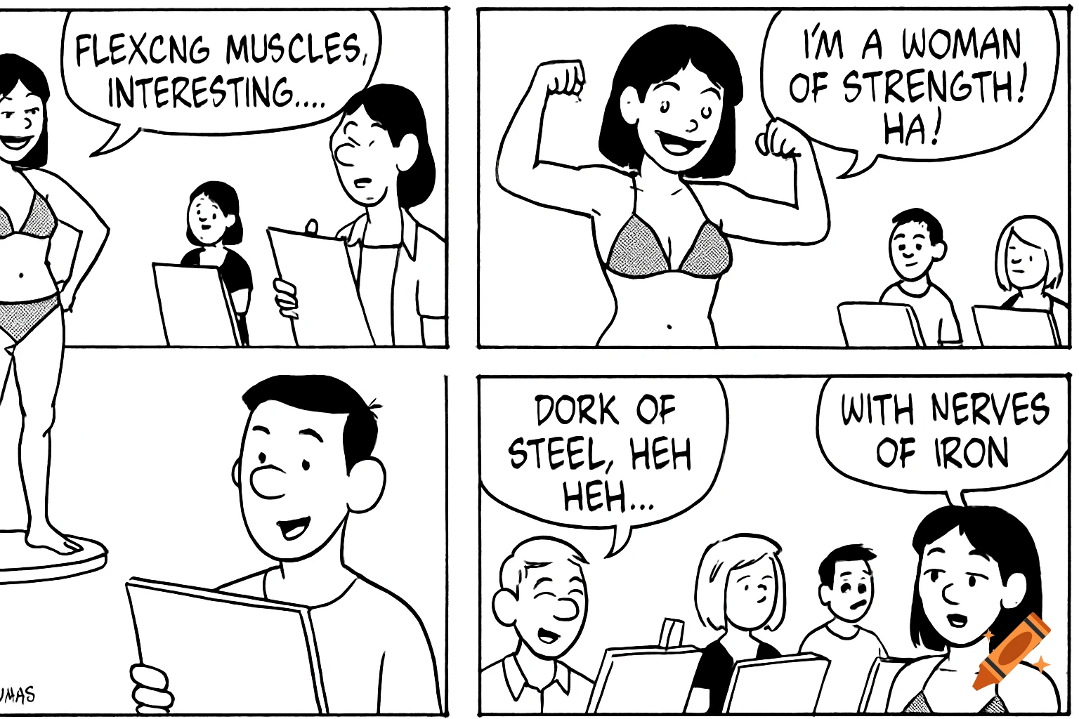 Black and white cartoon comic strip showing a woman flexing in a bikini as others watch.