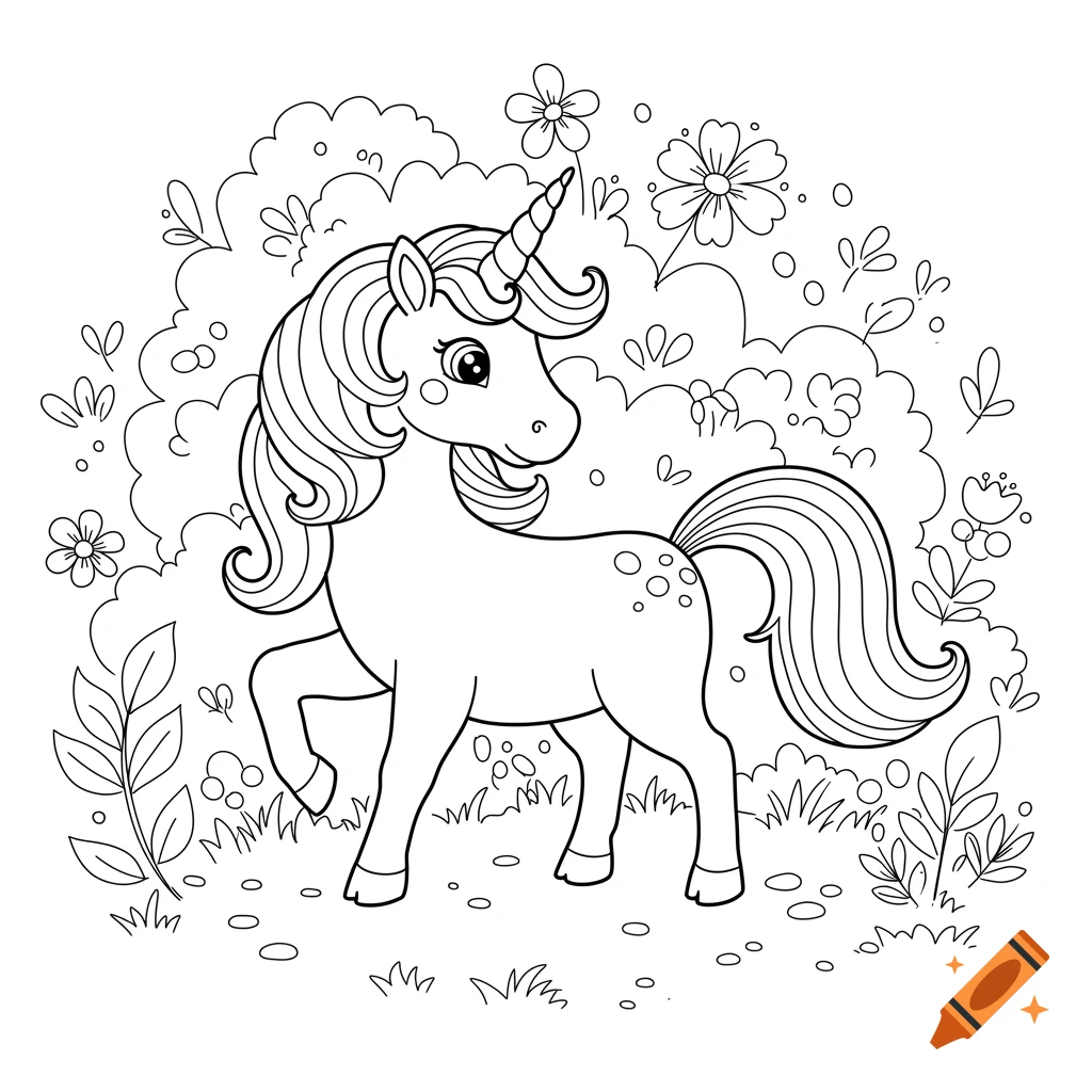 Black and white line art of a unicorn in a field of flowers for a coloring book.