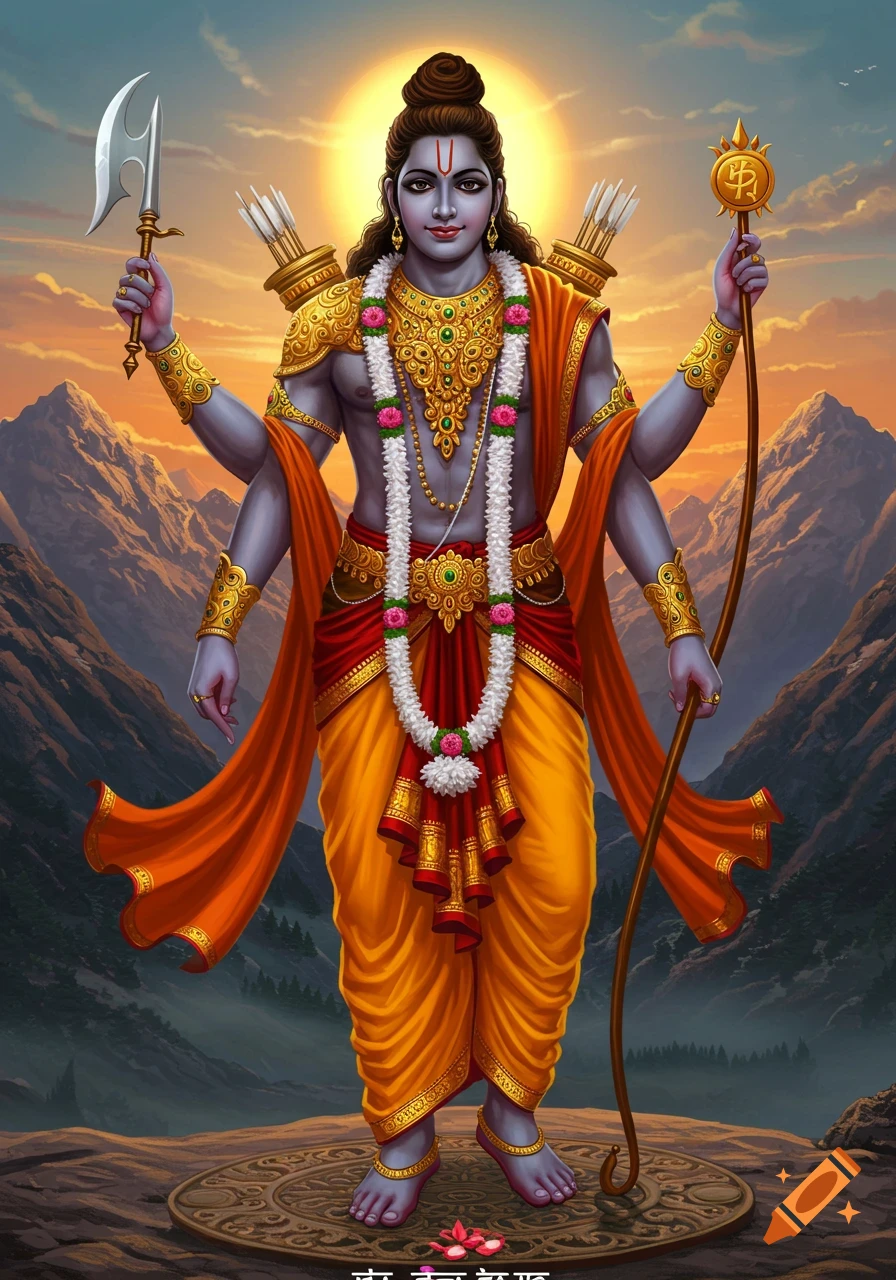 Illustration of the Hindu deity Ram with four arms, holding a bow, arrows, axe, and staff, standing in a mountainous landscape at sunset.
