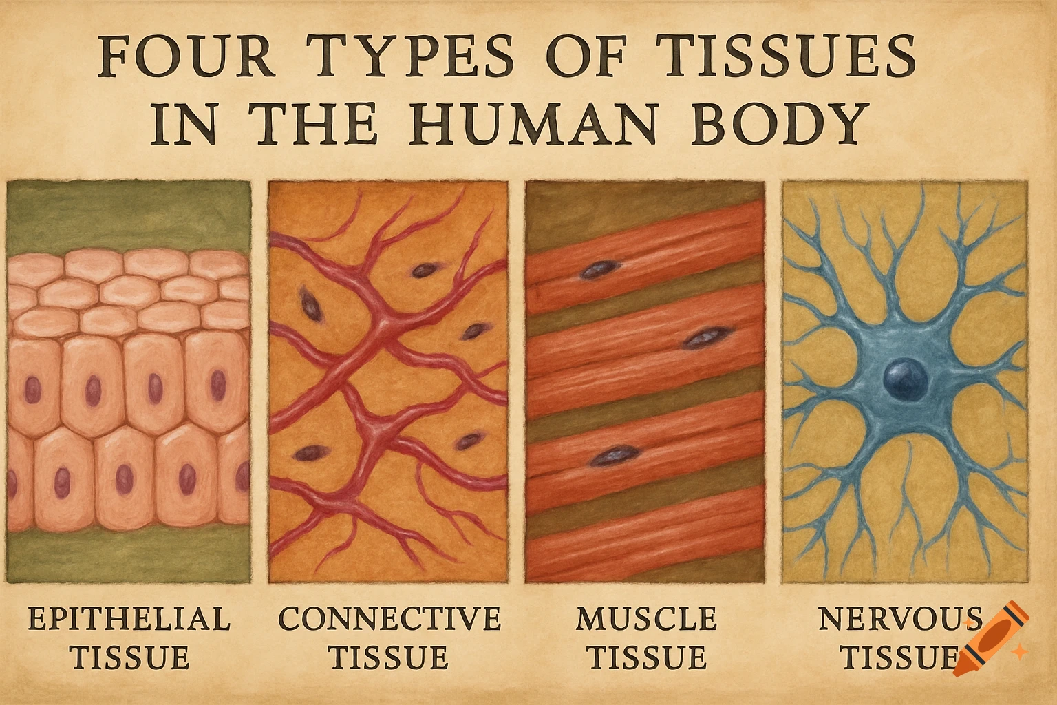 Diagram illustrating four types of human tissues: epithelial, connective, muscle, nervous.