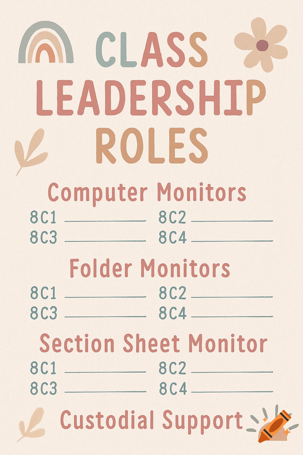 Pastel boho style classroom poster listing class leadership roles and class names with lines.