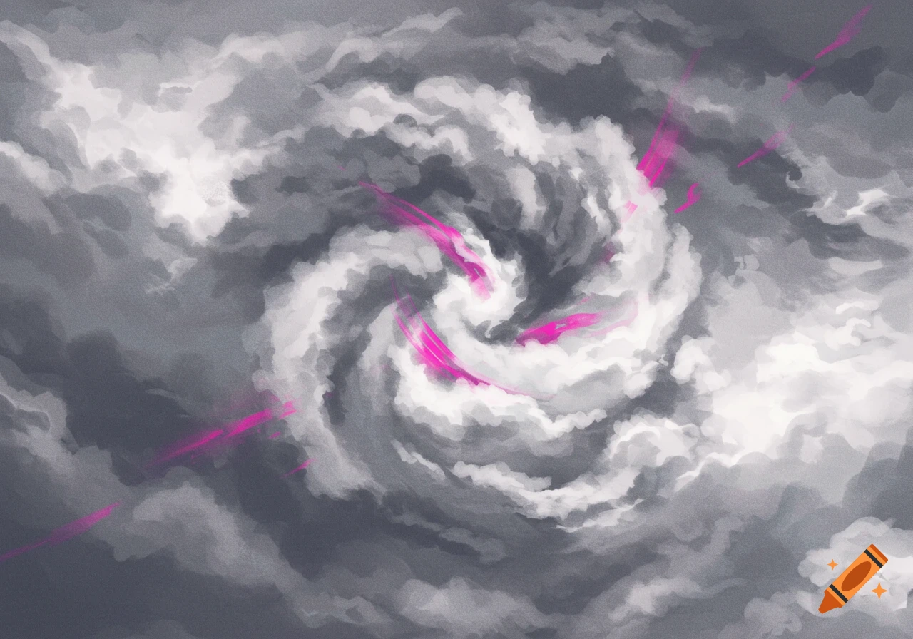 Abstract painting of swirling grey and white clouds with pink streaks.