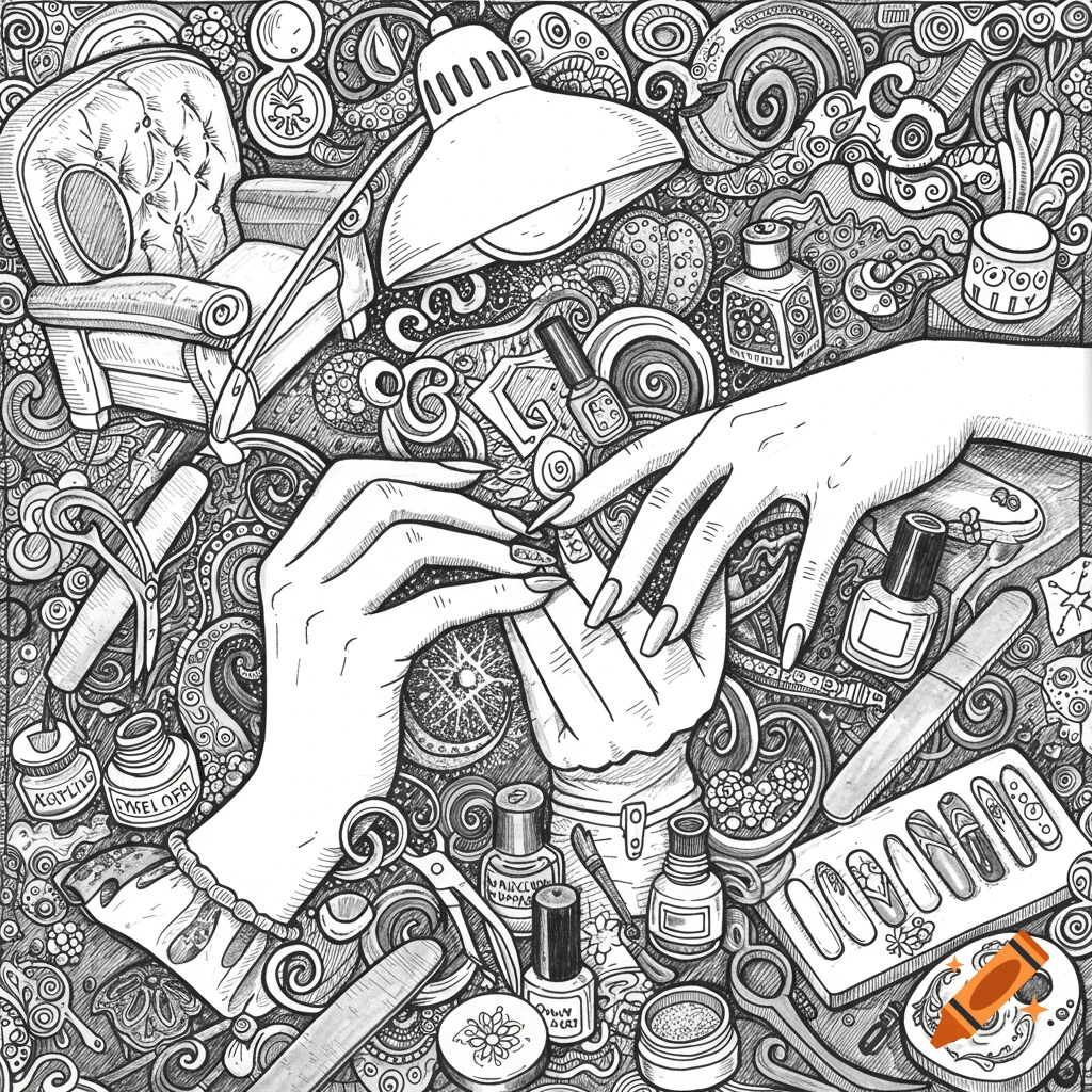 Black and white drawing of hands getting a manicure surrounded by nail salon tools.