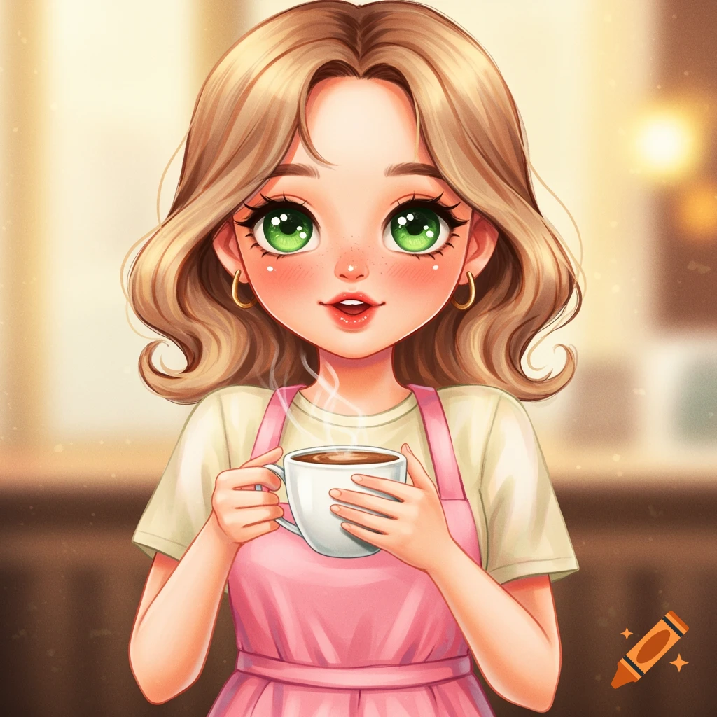 A cute animated girl with green eyes holding a steaming coffee cup, wearing a pink apron.
