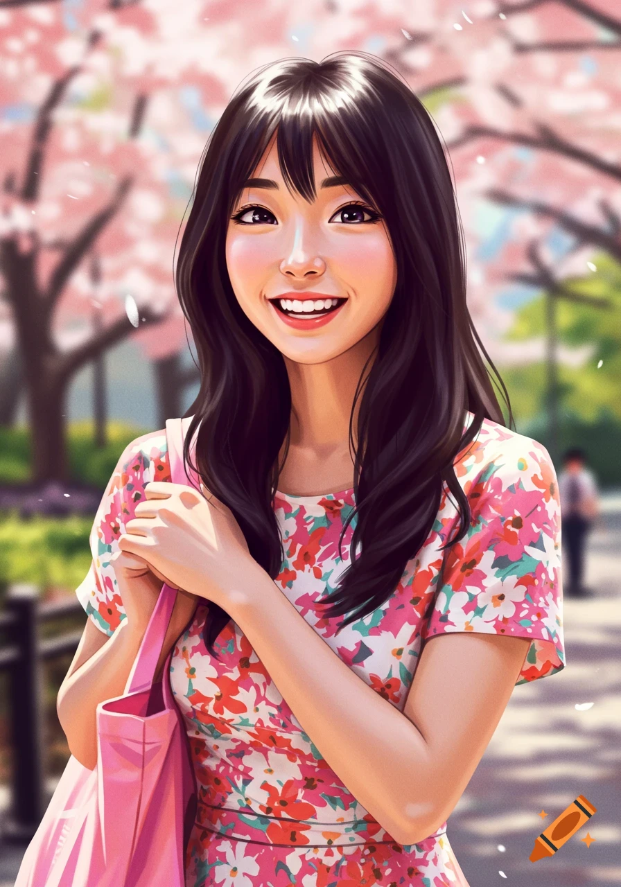 Smiling anime-style woman with pink bag in cherry blossom park
