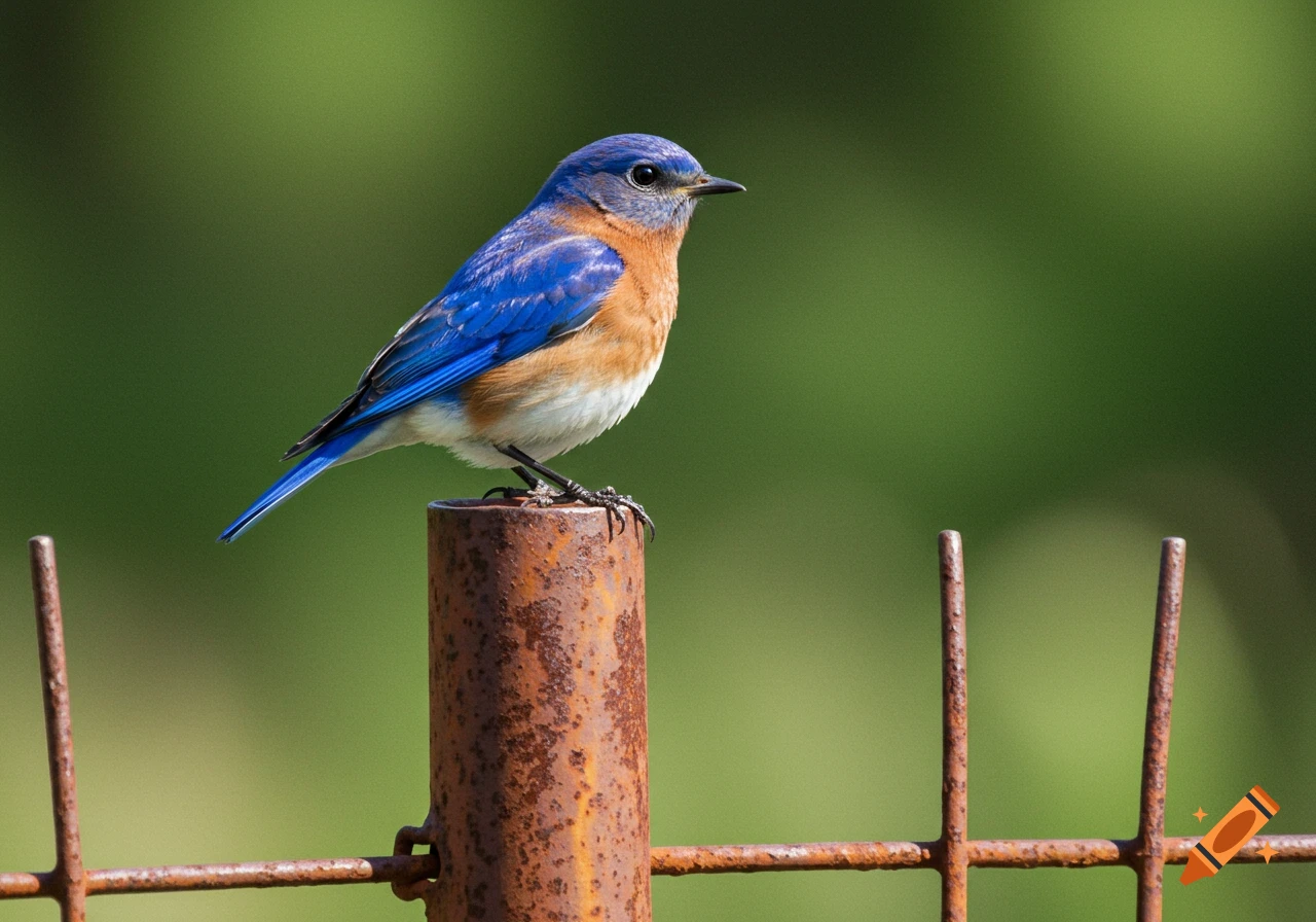 An Eastern bluebird perches on a rusty metal fence post.